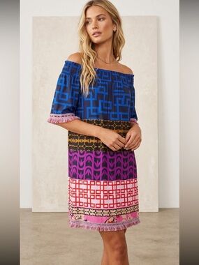 Trina Turk Vibrant Geometric Off-Shoulder Dress in Royal Blue, Gold & Magenta